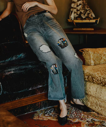 Flower Embroidery Wide Denim