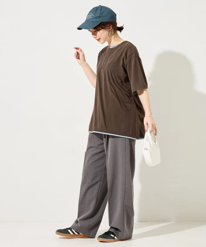 Fake Layered Henry Neck Cut-and-sew Short Sleeve T-shirt [Limited Edition]