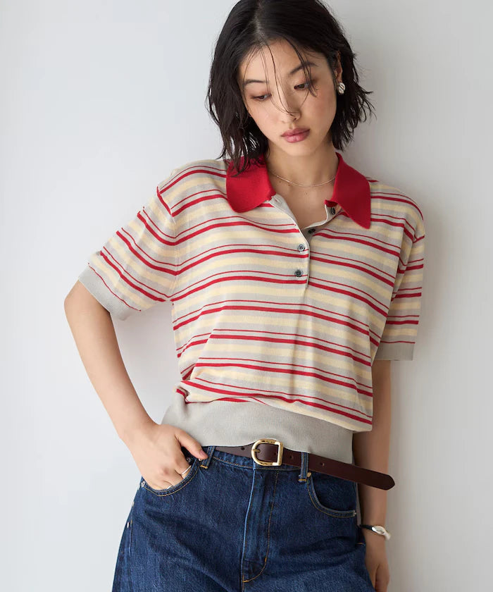 Relaxed Fit Color Design Polo Knit / Bicolor / Multi Stripe