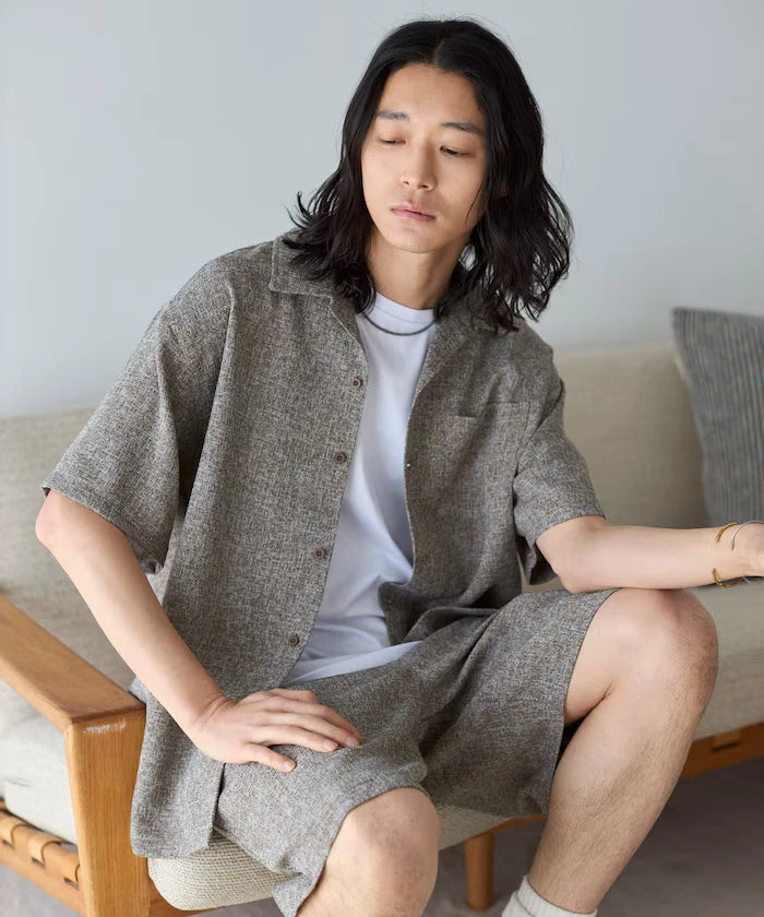 Dry Touch Summer Tweed Short Sleeve Open Collar Shirt