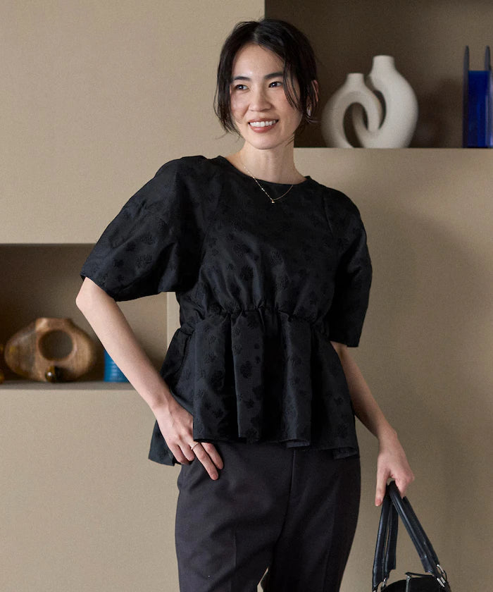 Flower Sheer Jacquard Volume Sleeve Peplum Blouse / 5 Minutes Sleeve