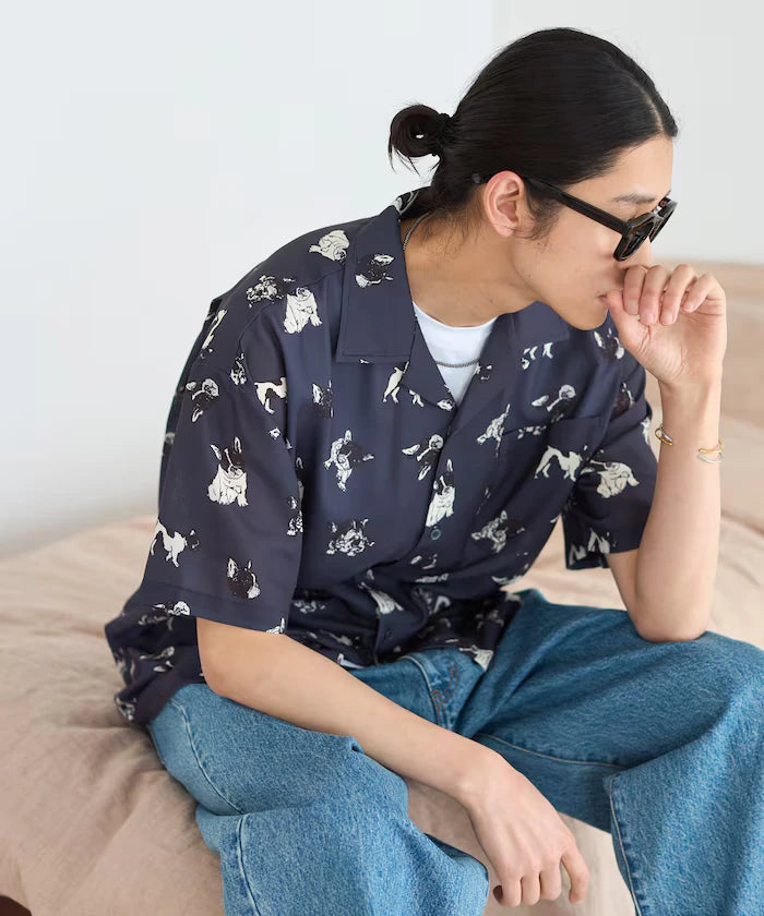 Mesh Open Collar Pattern Short Sleeve Shirt / Allover Design Open Collar Shirt / Big Silhouette