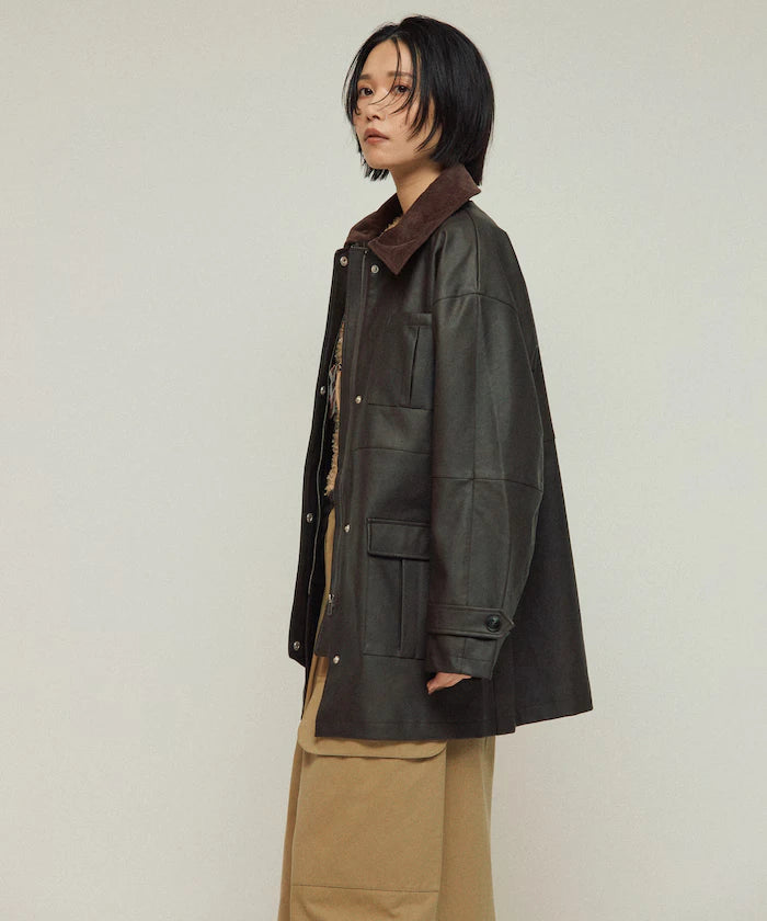 Oversized Crush Leatherette Jacket / Collar Corduroy