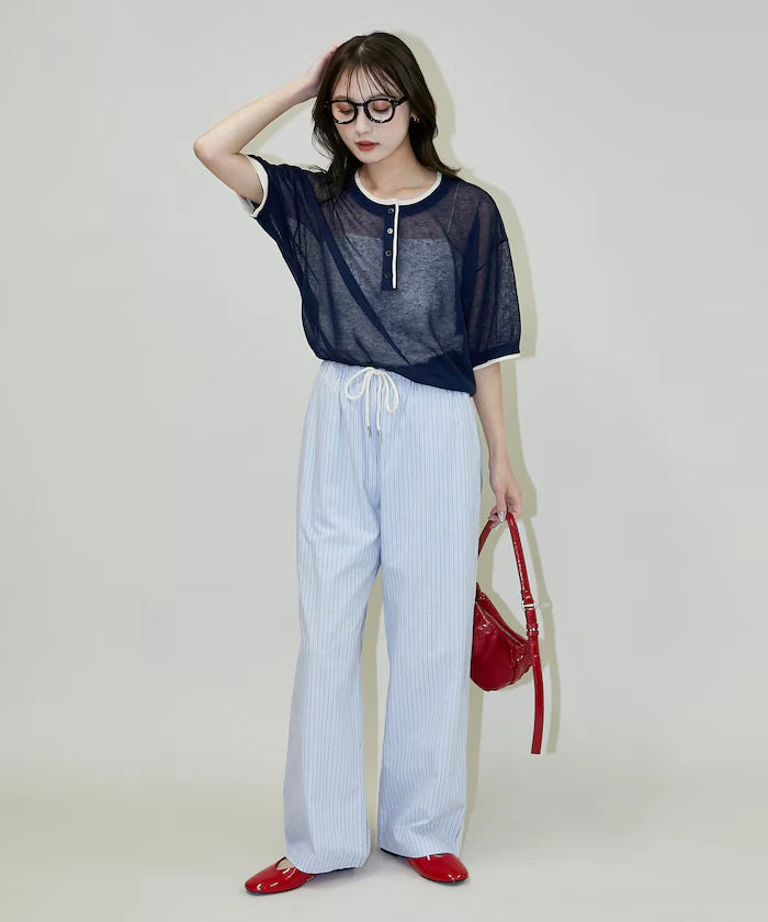 Washable linen color block henley neck knit top limited release