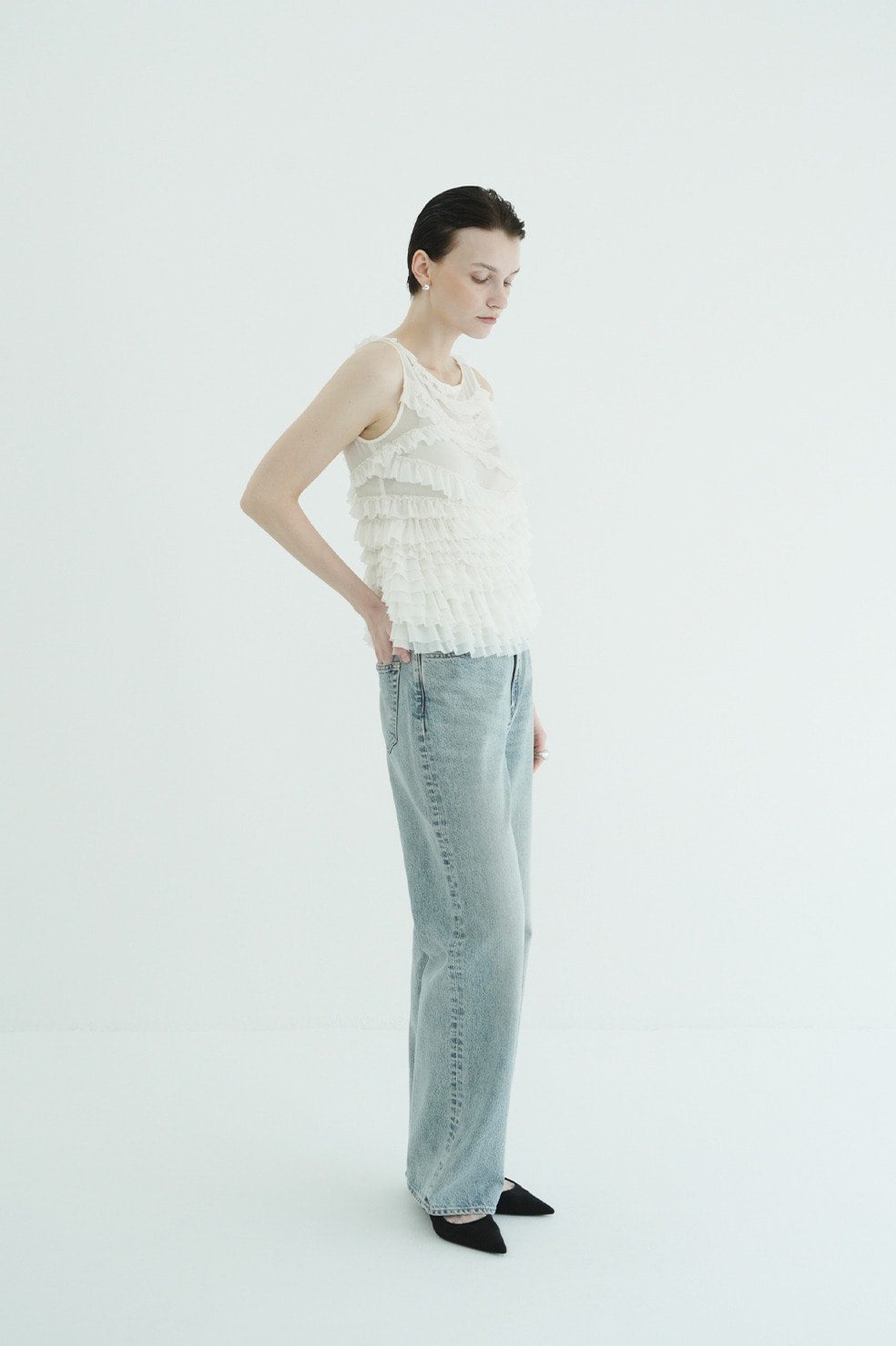 RANDOM FRILL SHEER N/S TOPS