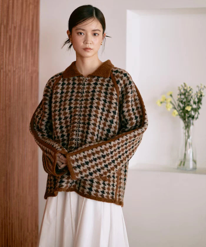 Wool Blend Gancube Check Knit Zip Blouson