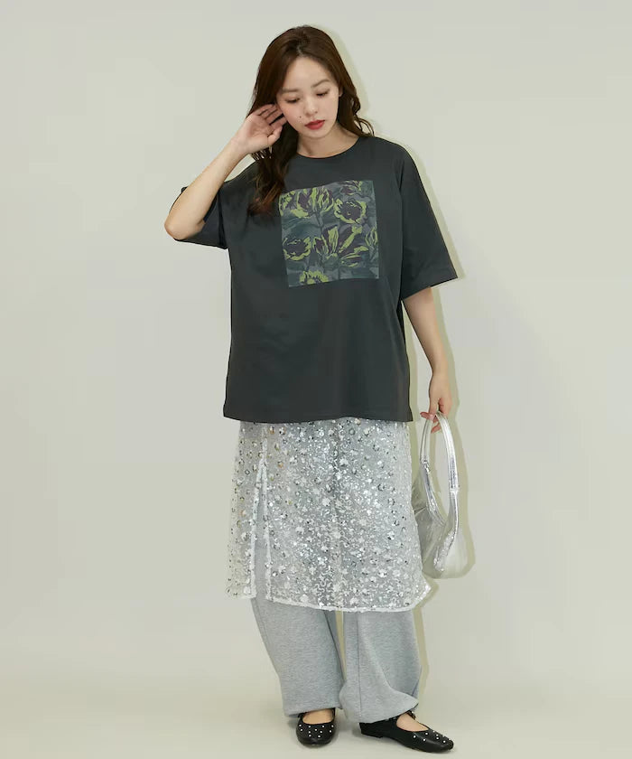 Flower Nuance Art Box Print Big Silhouette T-Shirt Limited Release