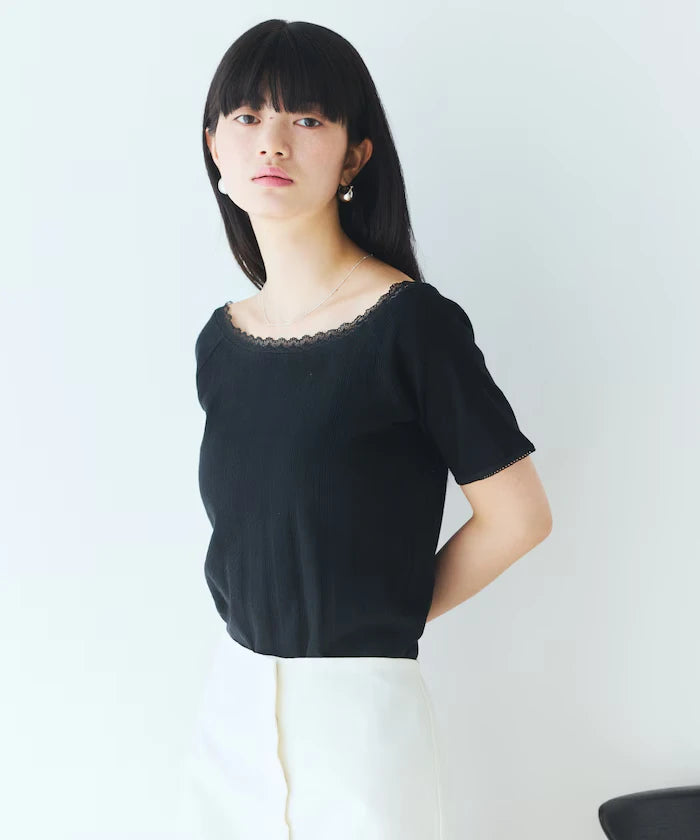 Boat Neck Pullover Knit Lace T-Shirt