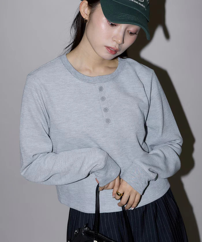 Mini Waffle Henley Neck Cropped Long Sleeve T Limited Edition