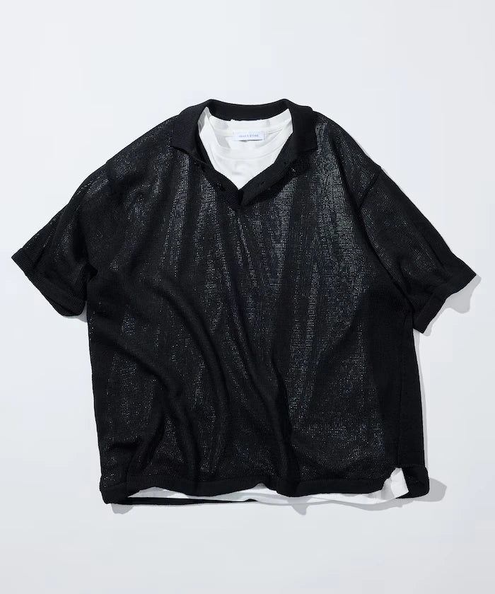 Sheer Knit Polo Shirt & Cotton T-Shirt Layered Set