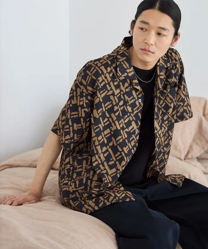 Mesh Open Collar Pattern Short Sleeve Shirt / Allover Design Open Collar Shirt / Big Silhouette