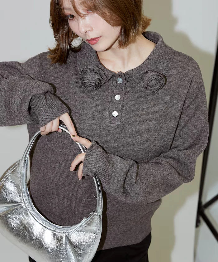 Polo knit pullover with flower motif - limited edition
