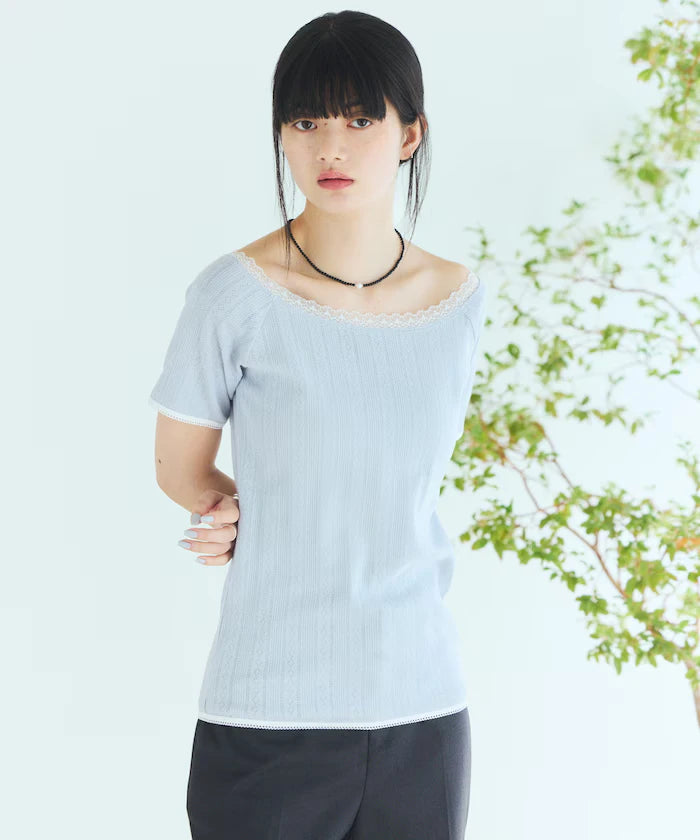 Boat Neck Pullover Knit Lace T-Shirt