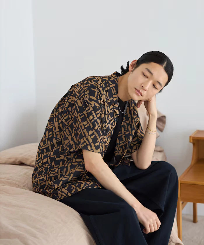 Mesh Open Collar Pattern Short Sleeve Shirt / Allover Design Open Collar Shirt / Big Silhouette