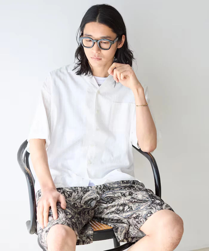 Jacquard Relaxed Fit Open Collar Short Sleeve Shirt Semi-Sheer Dobby Weave