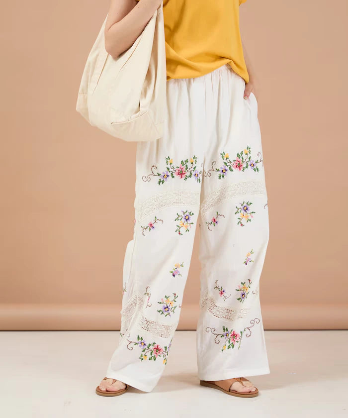 India Flower Cross Embroidery Lace Pants