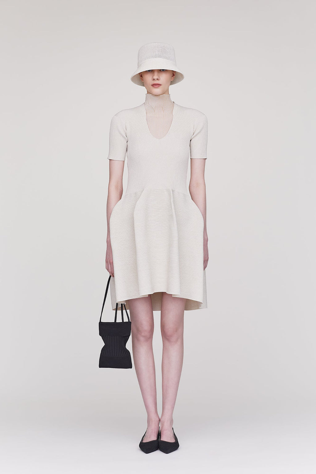 POTTERY GLITTER STAND-UP COLLAR SHORT SLEEVE MINI DRESS