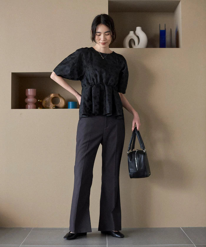 Flower Sheer Jacquard Volume Sleeve Peplum Blouse / 5 Minutes Sleeve