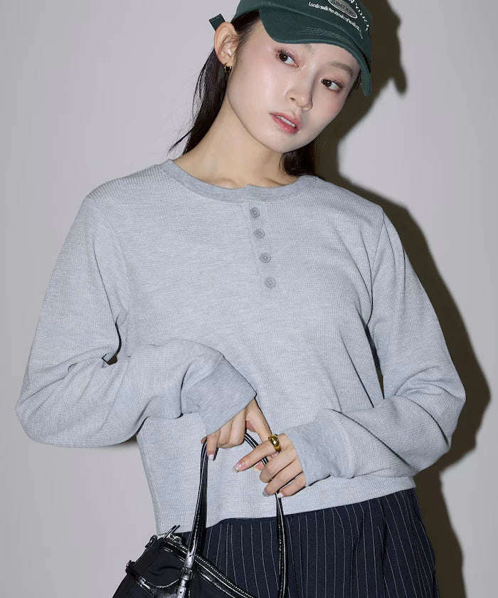 Mini Waffle Henley Neck Cropped Long Sleeve T Limited Edition