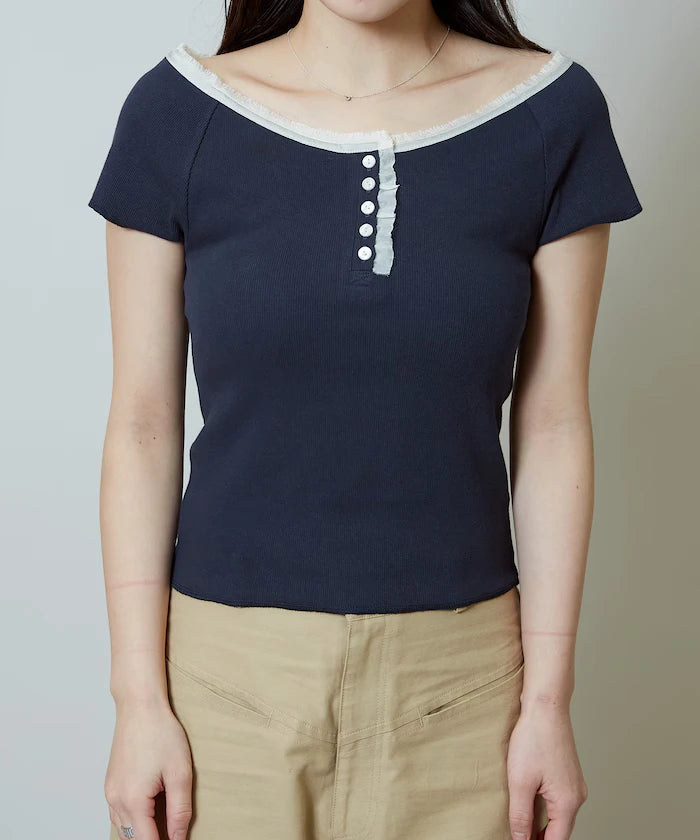 Collar Lace Contrast Henry Rib T-Shirt