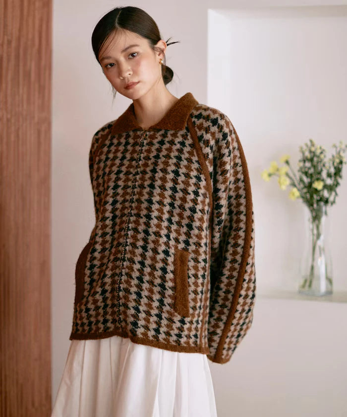 Wool Blend Gancube Check Knit Zip Blouson