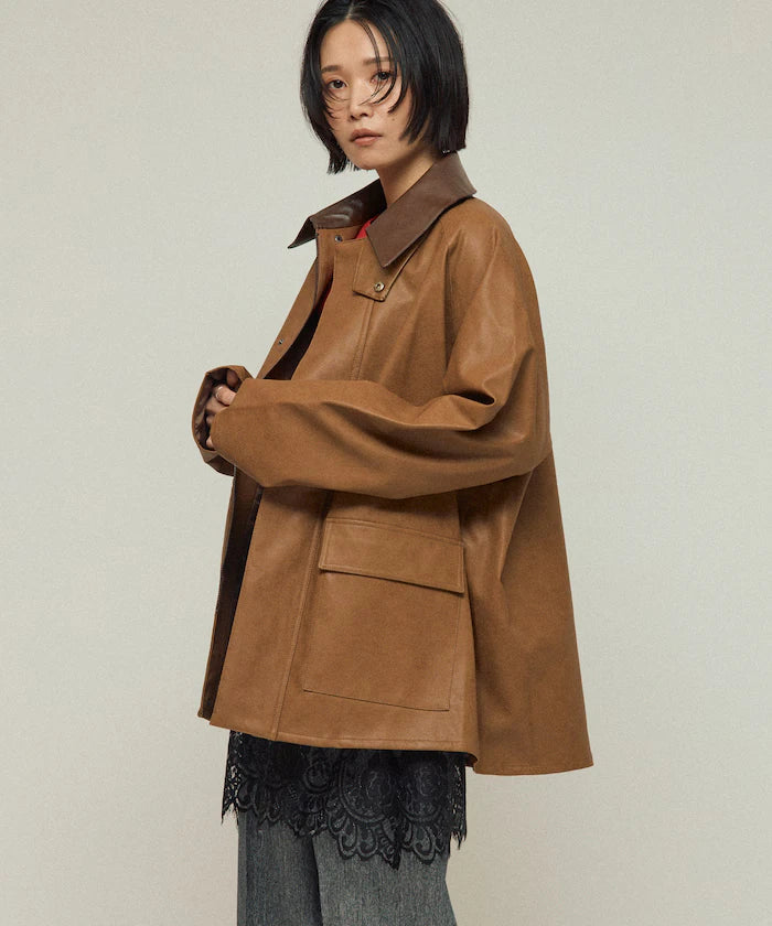 Oversized leatherette blouson / Mixed material switching