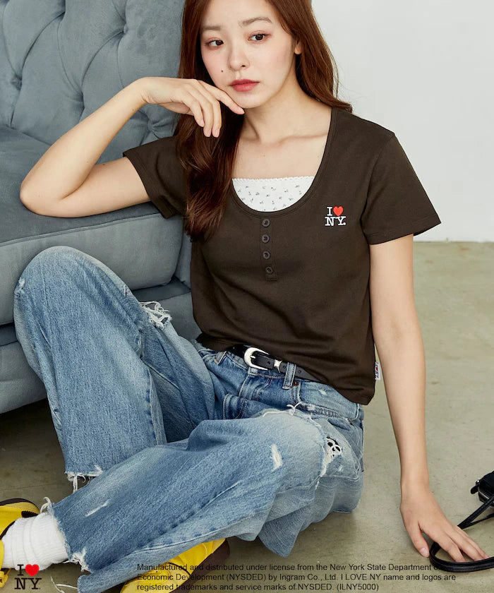 I LOVE NY Floral Pattern Layered Style Henley Neck T-Shirt Limited Edition