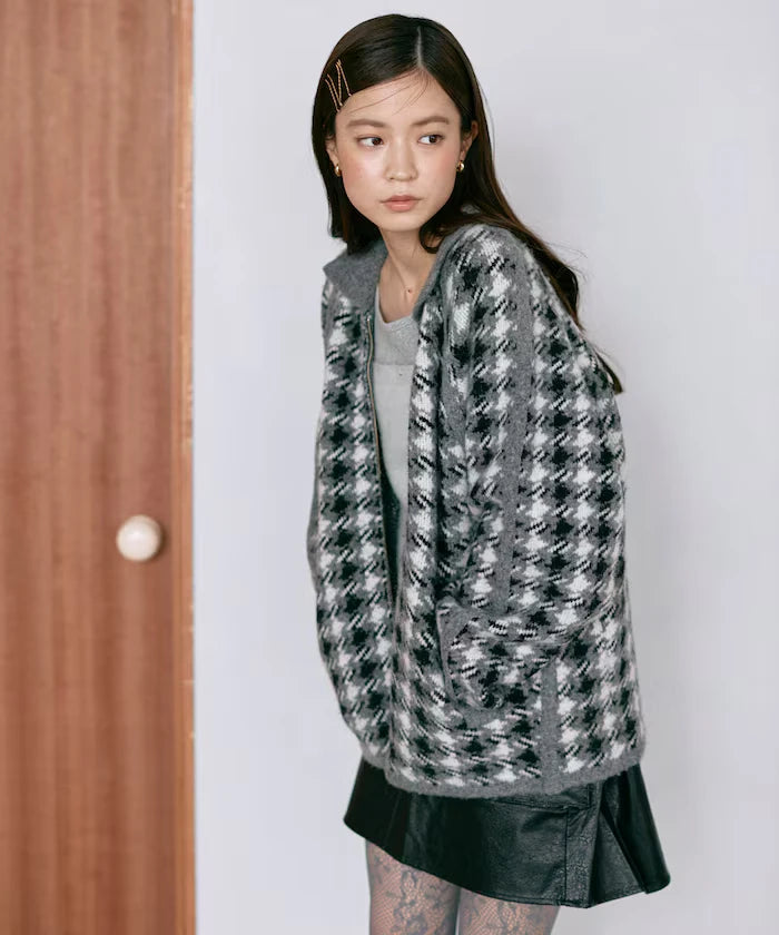 Wool Blend Gancube Check Knit Zip Blouson