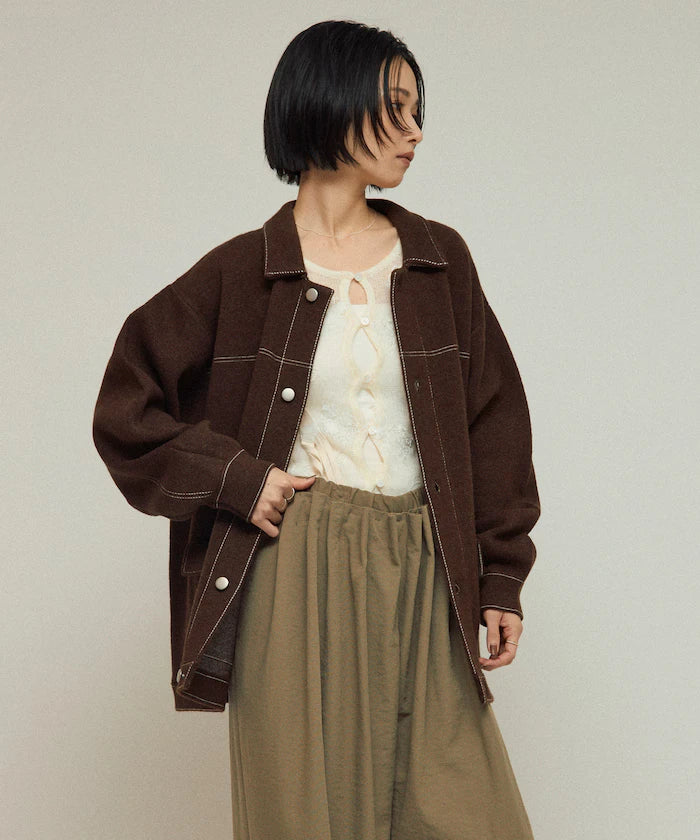 Oversized Wool Blend Knit Coverall / Color Stitch Knit Jacket