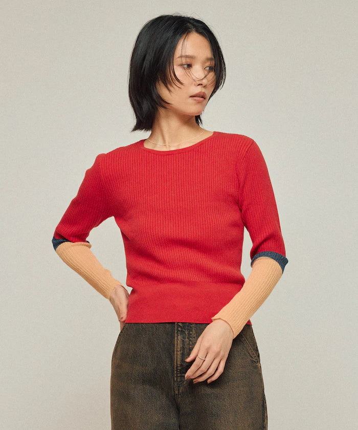 Functional material silk blend color block knit pullover / anti-pill / machine washable