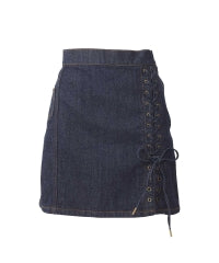 APPLE PANDA Embroidered Side Lace-Up Denim Mini Skirt