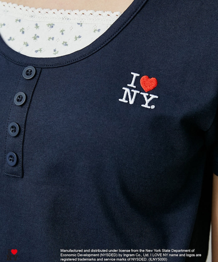 I LOVE NY Floral Pattern Layered Style Henley Neck T-Shirt Limited Edition