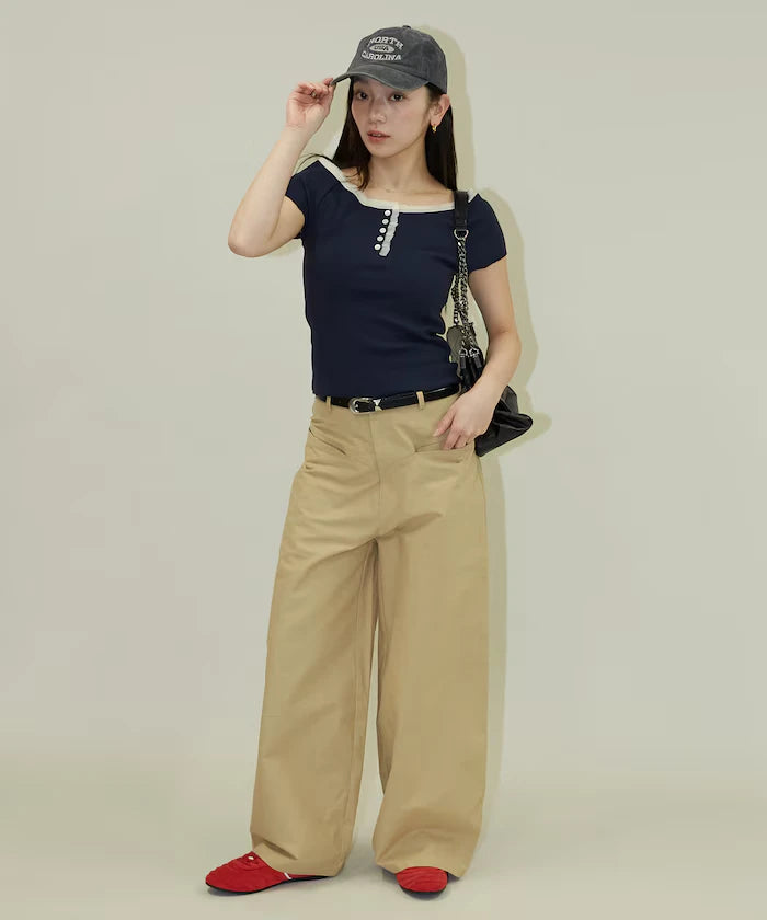 Collar Lace Contrast Henry Rib T-Shirt