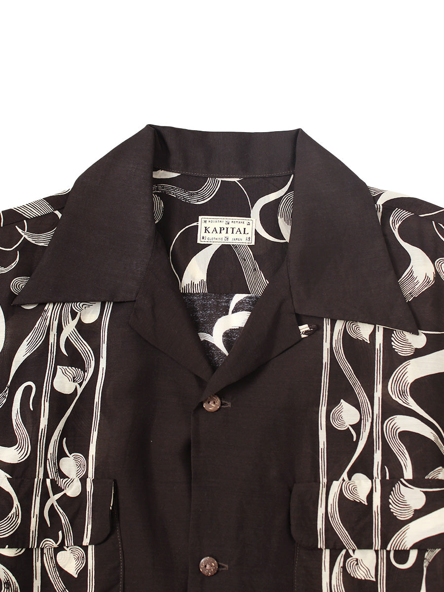 Silk rayon okra pattern short-sleeve open-collar shirt
