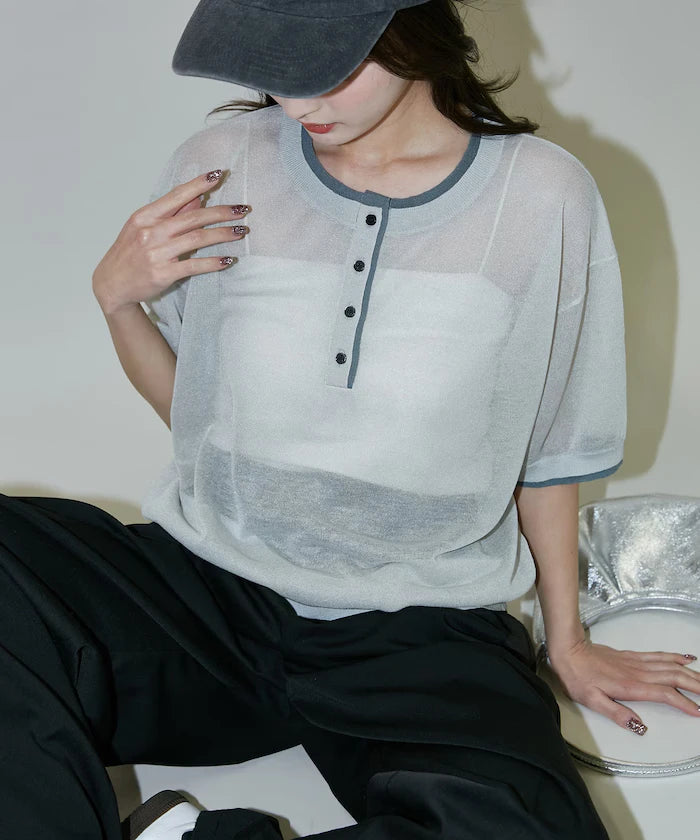 Washable linen color block henley neck knit top limited release