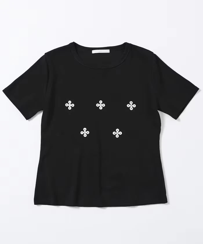Shell Button Flower Motif Cotton Modal T-Shirt