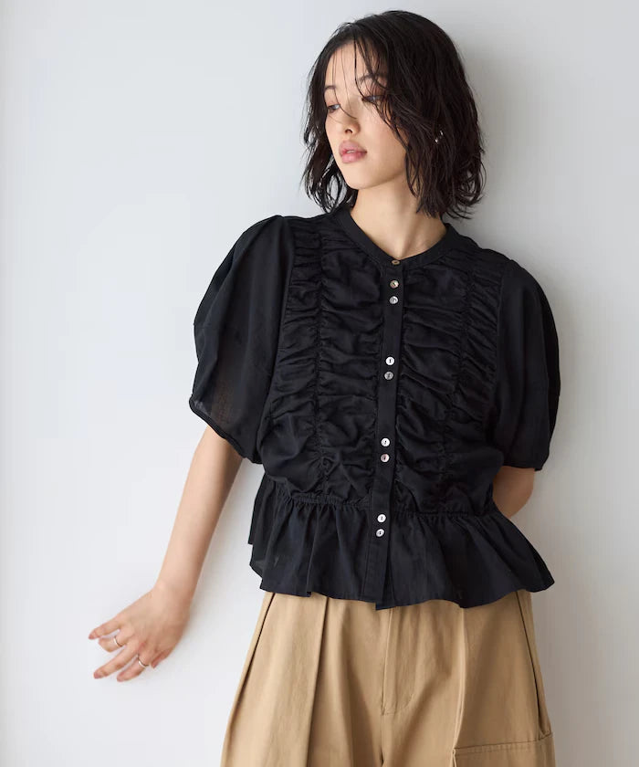 Sheer Shirring Volume Sleeve Blouse / 5 Short Sleeves