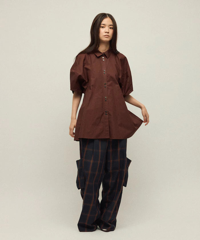 Switching Design Balloon Sleeve Shirt / 5-Minute Sleeve Blouse