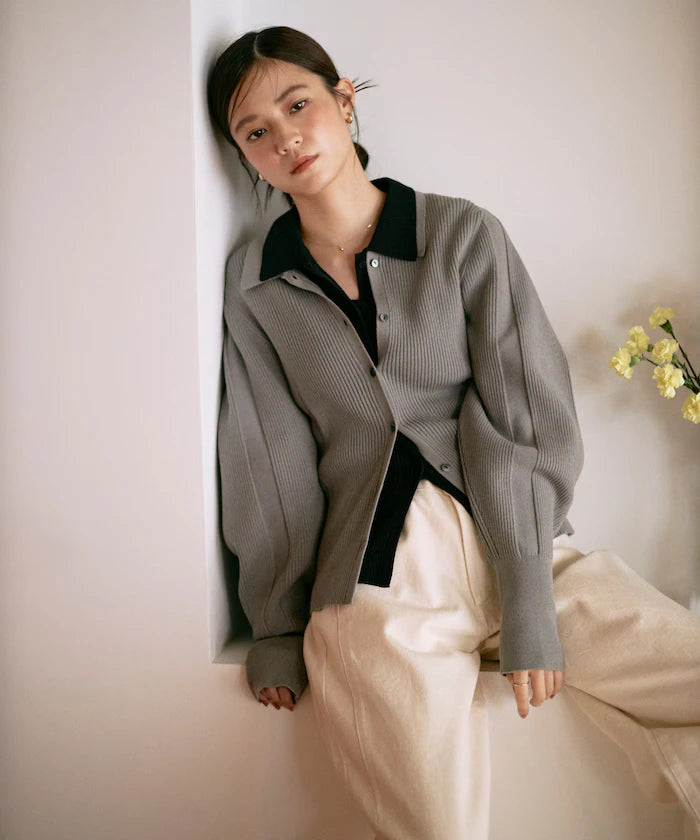 Functional material silk blend knit polo volume sleeve knit cardigan / anti-pill / machine washable