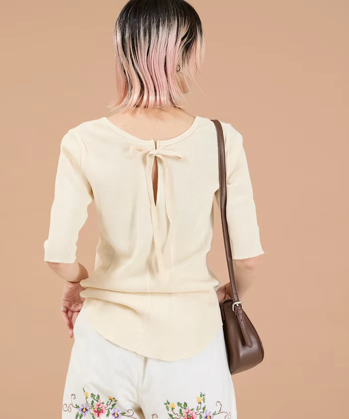 Ribbon Tied 2WAY Waffle 5 Sleeve T-Shirt