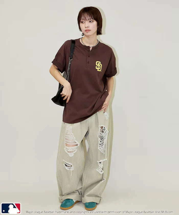 Limited Edition MLB Logo Print Henley Neck Oversized T-Shirt