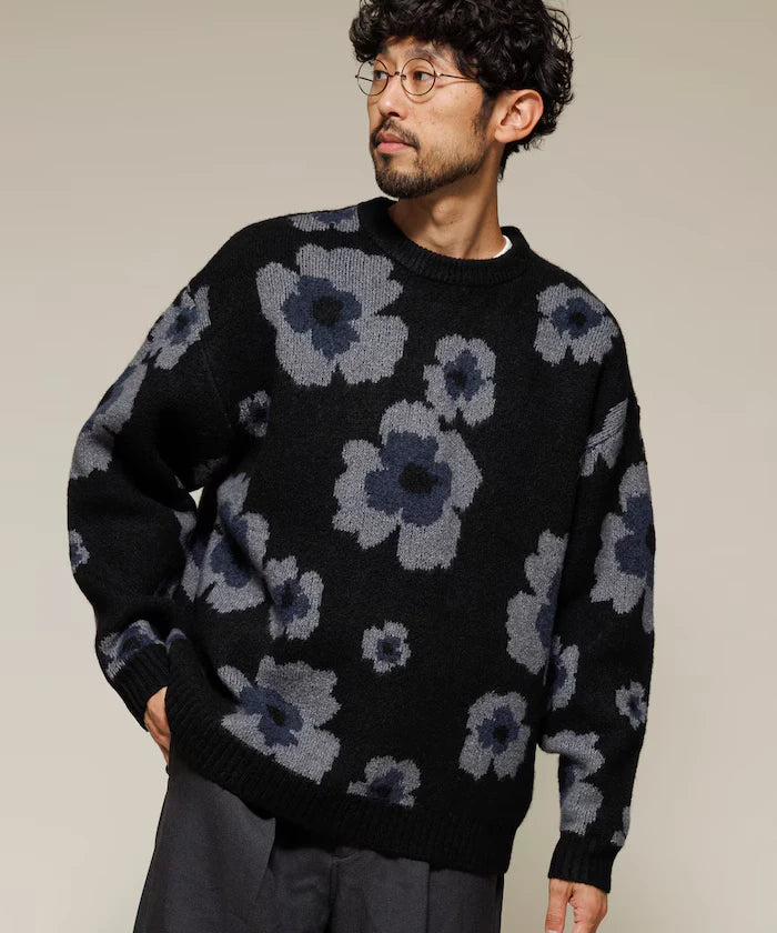 All-over Pattern Double Jacquard Knit Crew Neck Pullover / Relaxed Fit