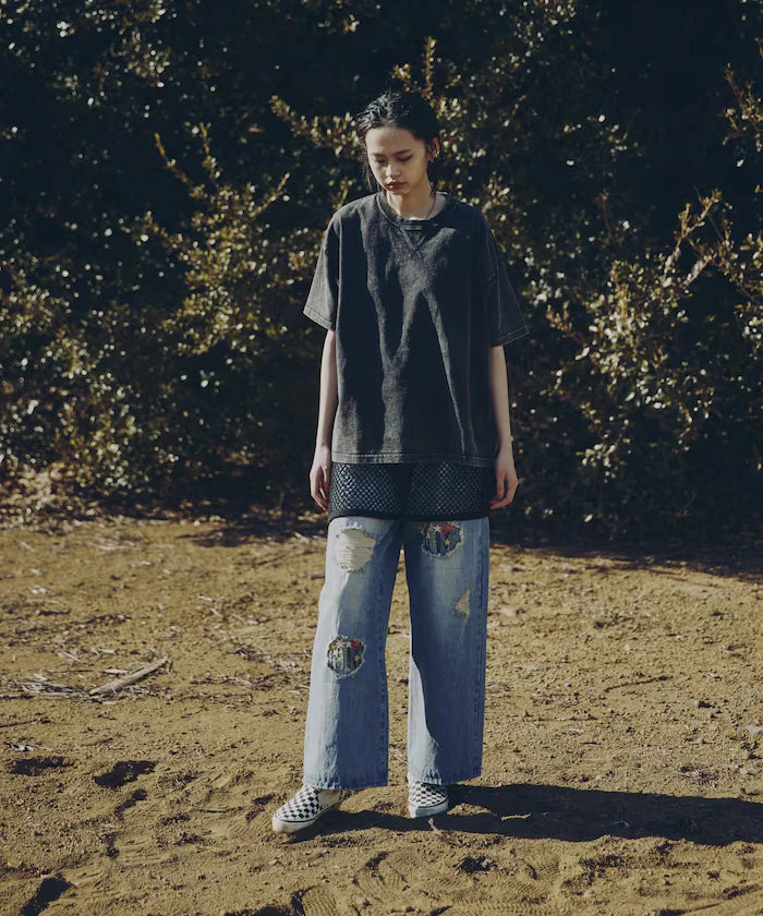 Flower Embroidery Wide Denim