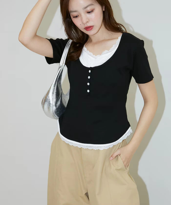 Short Sleeve Lace Layered Style Henley Neck T-Shirt Limited Edition
