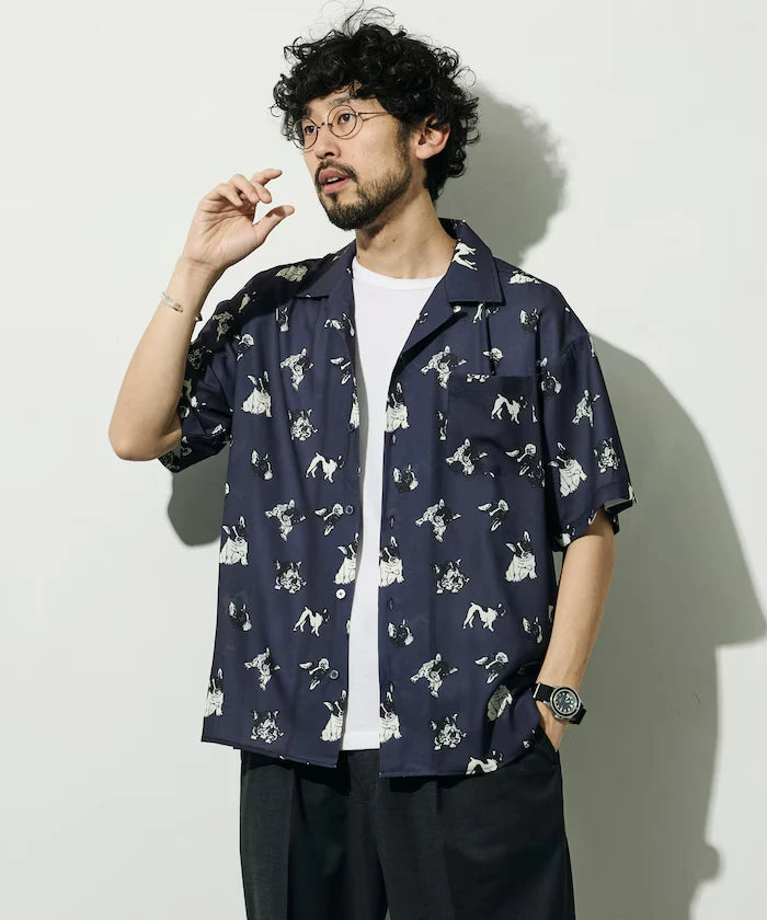 Mesh Open Collar Pattern Short Sleeve Shirt / Allover Design Open Collar Shirt / Big Silhouette