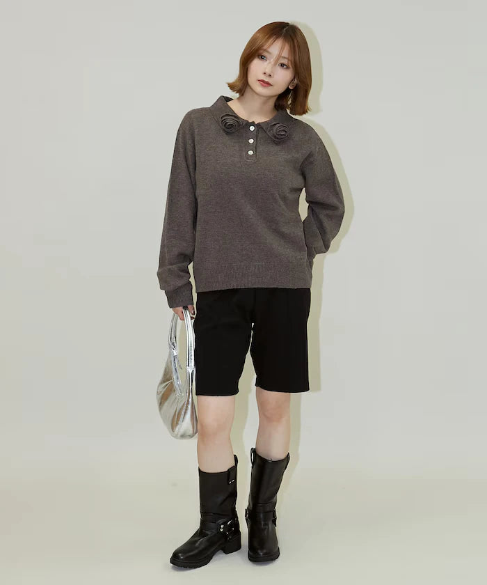 Polo knit pullover with flower motif - limited edition