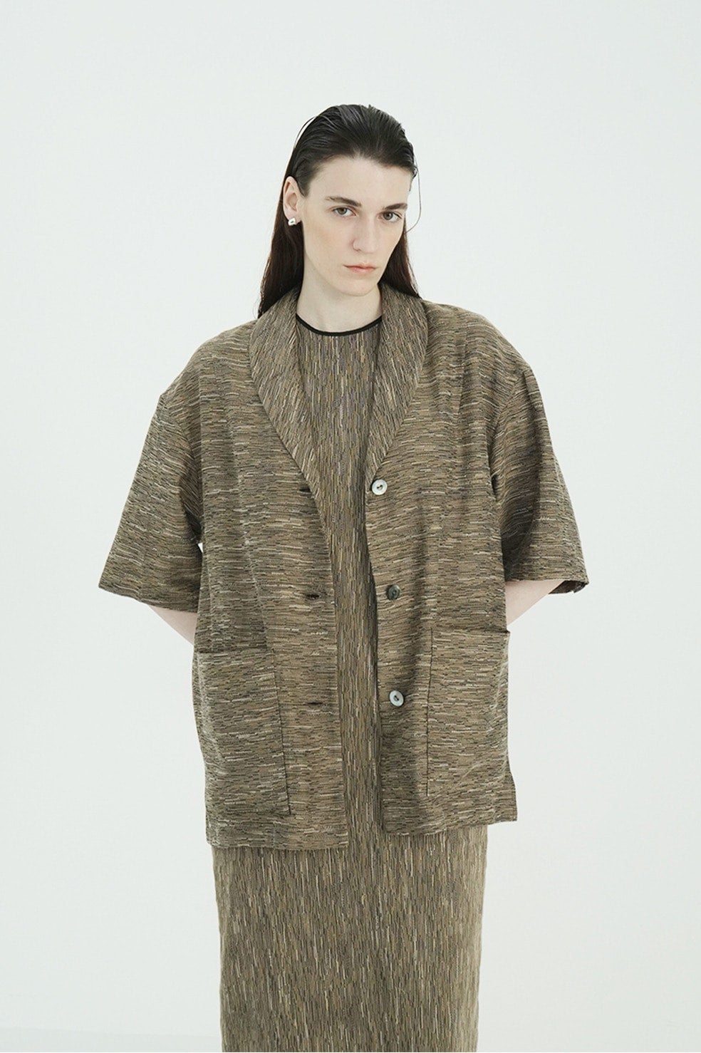 CREPE JACQUARD SHAWL COLLAR SHIRT