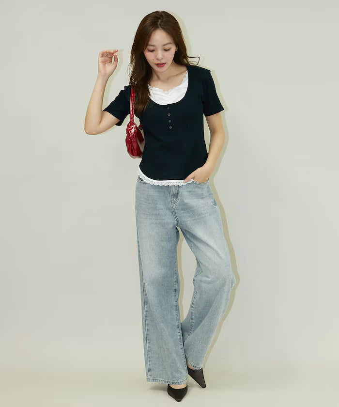Short Sleeve Lace Layered Style Henley Neck T-Shirt Limited Edition