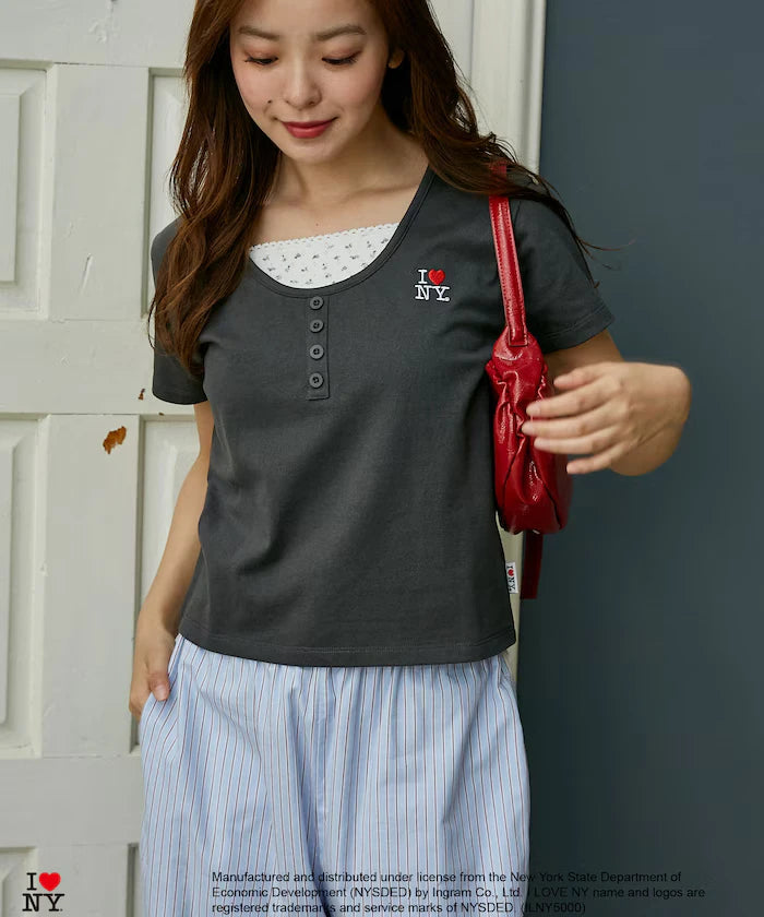 I LOVE NY Floral Pattern Layered Style Henley Neck T-Shirt Limited Edition