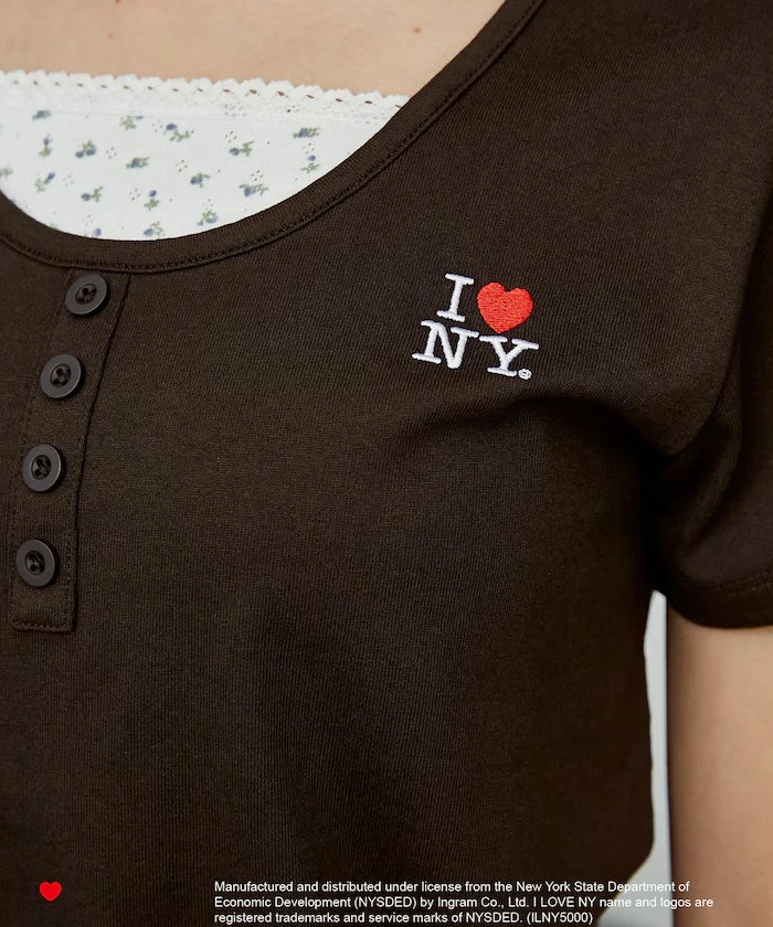 I LOVE NY Floral Pattern Layered Style Henley Neck T-Shirt Limited Edition